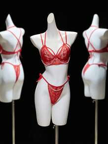 SHEIN 2pcs Women Lace Trim Ribbon Tie Wireless Bra Set - Red - View 6