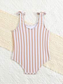 SHEIN Baby Girls Beachwear, Suitable For Summer Swimming, One-Piece Swimsuit With Digital Polyester Gray White Stripe Printing, Fashionable And Cute, Casual, Suitable For Summer Swimming Baby Girl Clothes Beach Baby Beach Wear Girl Baby Clothes Beach Baby Clothing Summer Toddler Beach Girl Clothes - Grey - View 4