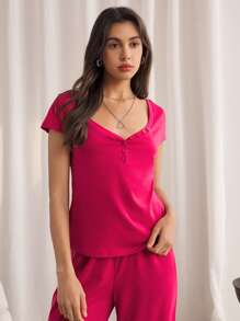 Lazeform Conjunto de pijama informal de top de manga corta con cuello en V y botones y pantalones de estar por casa de mujer en unicolor de punto