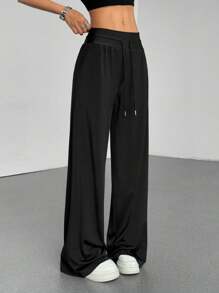 Flirla 1pc Women's Solid Color Loose Drawstring Wide-Leg Pants, Casual Minimalist Design, Suitable For Daily Wear, Spring/Summer, Back-To-School Fall Cloth For Women - Black - View 3