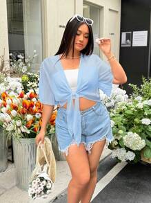 SHEIN EZwear Plus Size Light Blue Sheer Summer Holiday Jacket, Spring/Summer - Baby Blue - View 4