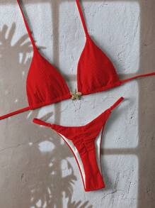 Swim Mod 2 Pieces Swimsuit Set, Summer Beach Outfit For Women, Solid Color Textured Fabric With Metal Starfish Decor Halter Neck Red Bikini And Thong Bottom Demon Slayr Holiday - Red - View 1