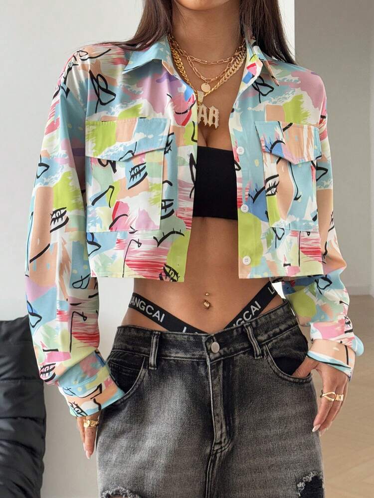 SHEIN Unity 女式全印花长袖实用口袋短款休闲衬衫 - 綠色 - 查看 5