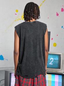 ROMWE MEN Nick 90's X ROMWE Washed & Acid Washed Casual Tank Top - Black - View 3