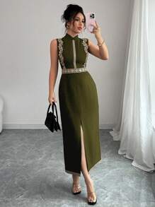 Chiquease 优雅时尚休闲百搭中式领无袖金色刺绣花卉蕾丝拼布系腰长裙女式连衣裙