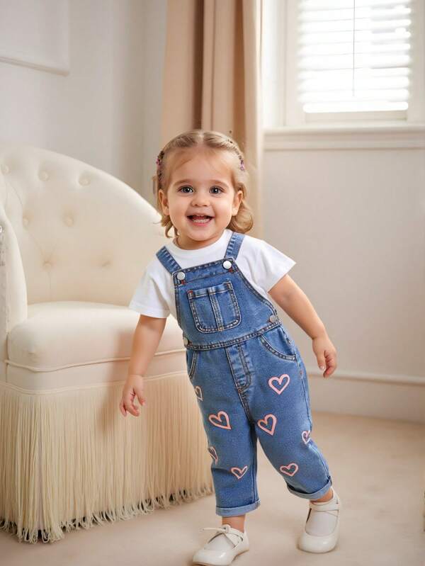 Peto de mezclilla para bebé niña con estampado de corazón, estampado rosa retro lindo, estilo universitario adorable, vestimenta diaria casual y versátil, petos de mezclilla para bebé
