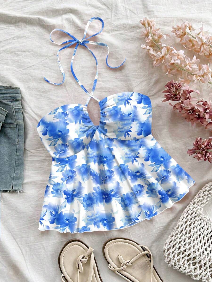 Soleia Blue Flower Print Racerback Tank Top, Fitted For Women Beach Vacation, Suitable For Summer, Boho Chic, Spring Break, Vacay Vibes - Blue and White - View 1