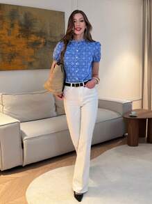 Pariaura Áo cánh nữ tay ngắn thêu hoa kiểu Pháp khoét rỗng viền bèo nhún - Màu xanh lam - Xem 6