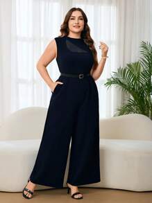 SHEIN Clasi Tuta elegante senza maniche con inserti in rete, disponibile in taglie comode per donna