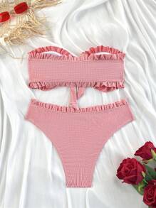 SHEIN 女士格纹印花荷叶边下摆抹胸性感泳衣套装，适合海滩度假 - 紅色 - 查看 2