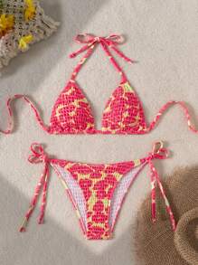 Swim Mod Conjunto de bikini de verano con estampado de playa, cuello con lazo, diseño sexy y taza triangular con estampado aleatorio para mujeres - Multicolor - Ver 1