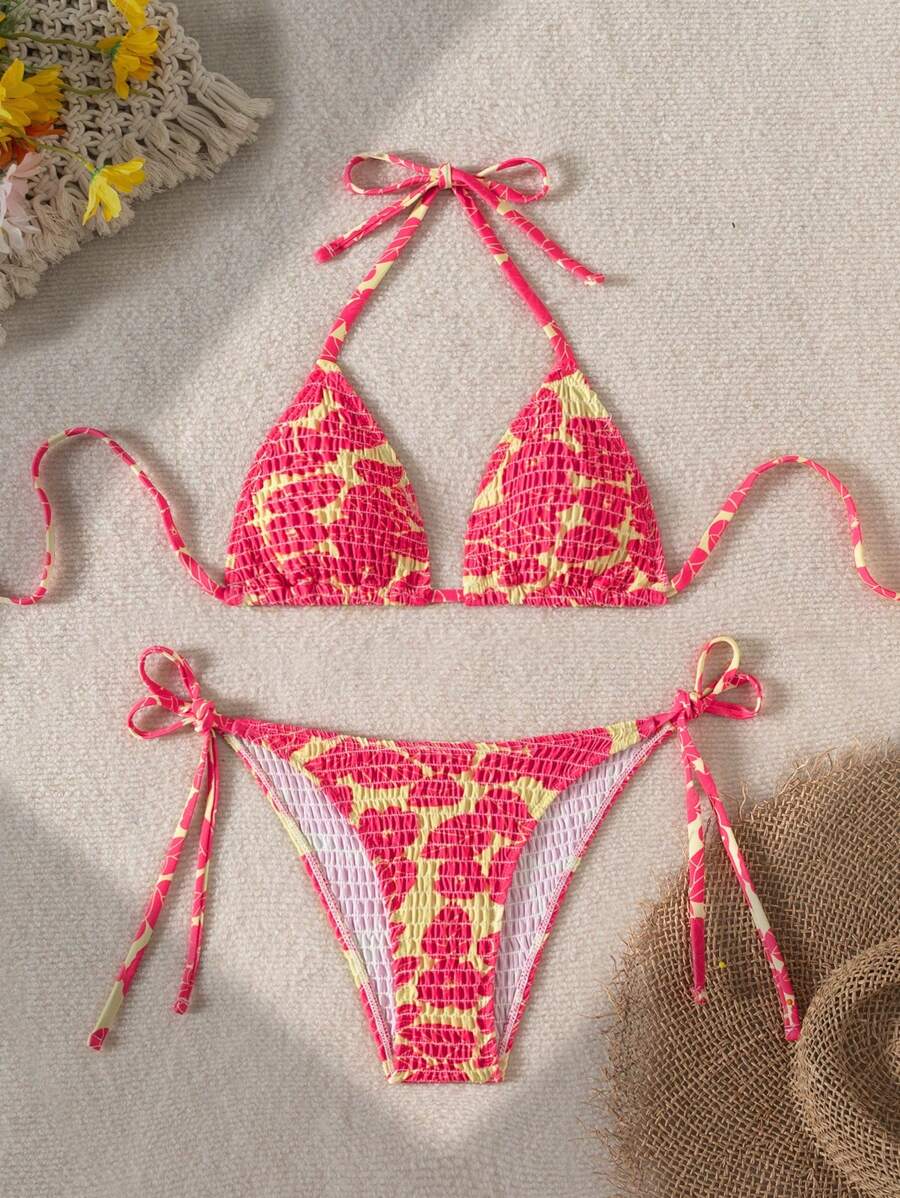 Swim Mod Conjunto de bikini de verano con estampado de playa, cuello con lazo, diseño sexy y taza triangular con estampado aleatorio para mujeres - Multicolor - Ver 1