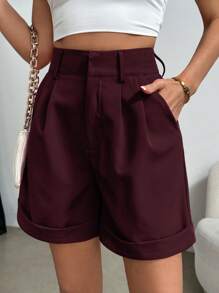 Celisse Pantalones cortos casuales de mujer con bolsillos plisados de unicolor, versátiles