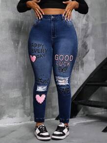 SHEIN SXY Plus Size Denim Stretch Skinny Jeggings With Elastic Waist And Printed Design