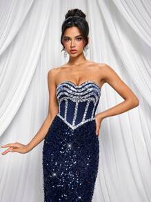 Glamrae Robe de soirée longue élégante et luxueuse faite main avec queue de sirène, décolleté en V, strass bleus et traîne, pour femmes - Bleu azur - Voir 4