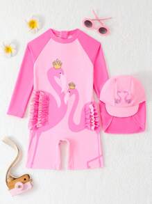 Young Girl' Flamingo Print Rash Guard One-Piece With Sunhat - Multicolor - View 5