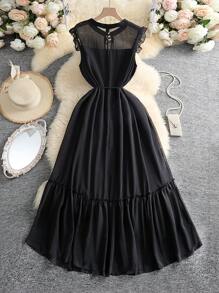 DreamSkyne Plus Size Exquisite & Elegant Women's Large Size Elegant Pearl Chiffon Small Stand Collar Cap Sleeve Long Ruffle Hem Dress Vacation Summer Women Outfit Spring Dress Elegant Formal Women Dresses Evening Dress Maxi Wedding Women Dress Romantic Dress Wedding Guest