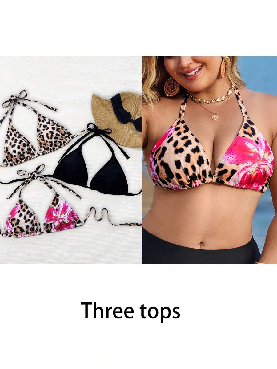 Swim Vcay 大码露背豹纹泳衣上衣，夏季海滩时尚单品 - 彩色 - 查看 1