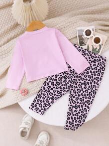 SHEIN Set 2 buc. tricou și pantaloni cu mânecă lungă și imprimeu leopard pentru bebeluși, fetițe, ținută casual confortabilă, potrivită pentru 0-3 ani, pentru toate anotimpurile, performanță excelentă la preț redus - Violet - Vizualizare 2