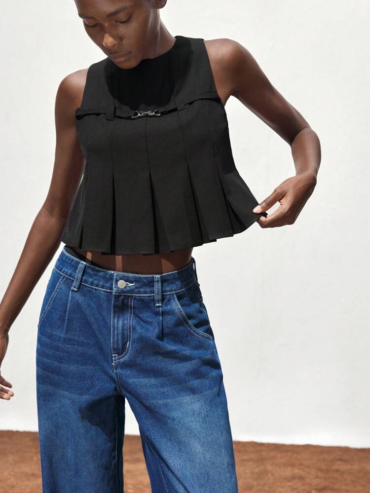 SHEIN Maija Women's Solid Color Round Neck Pleated Hem Casual Top