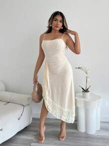 SHEIN LUNE Women's Spaghetti Strap Sexy Fringes Long Dress - Apricot - View 3