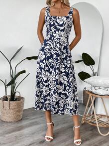 EMERY ROSE Women's Floral Print Square Neck Sleeveless Midi Dress, Holiday Wear Vacation Dress - Blue - View 7
