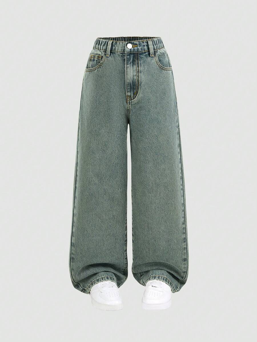 Quần jeans ống rộng túi rộng rãi thường ngày cho bé gái tuổi mới lớn, đa năng - Rửa trung bình - Xem 1