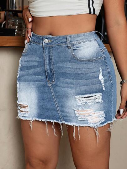 SHEIN ICON Plus Size Denim Mini Skirt, Fashionable For Summer