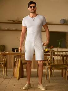 Manfinity VCAY Quần short nam màu trơn rộng rãi, thời trang dệt kim, mặc hàng ngày cho nam giới trẻ tuổi - trắng - Xem 4