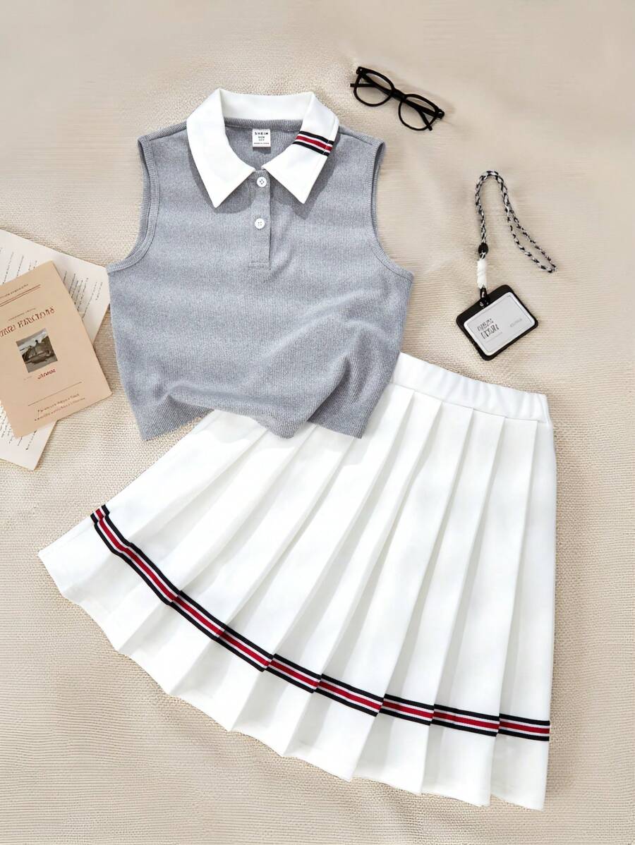 SHEIN 2 件套女童休闲马球领背心和百褶裙女学生风格套装，夏季新品
