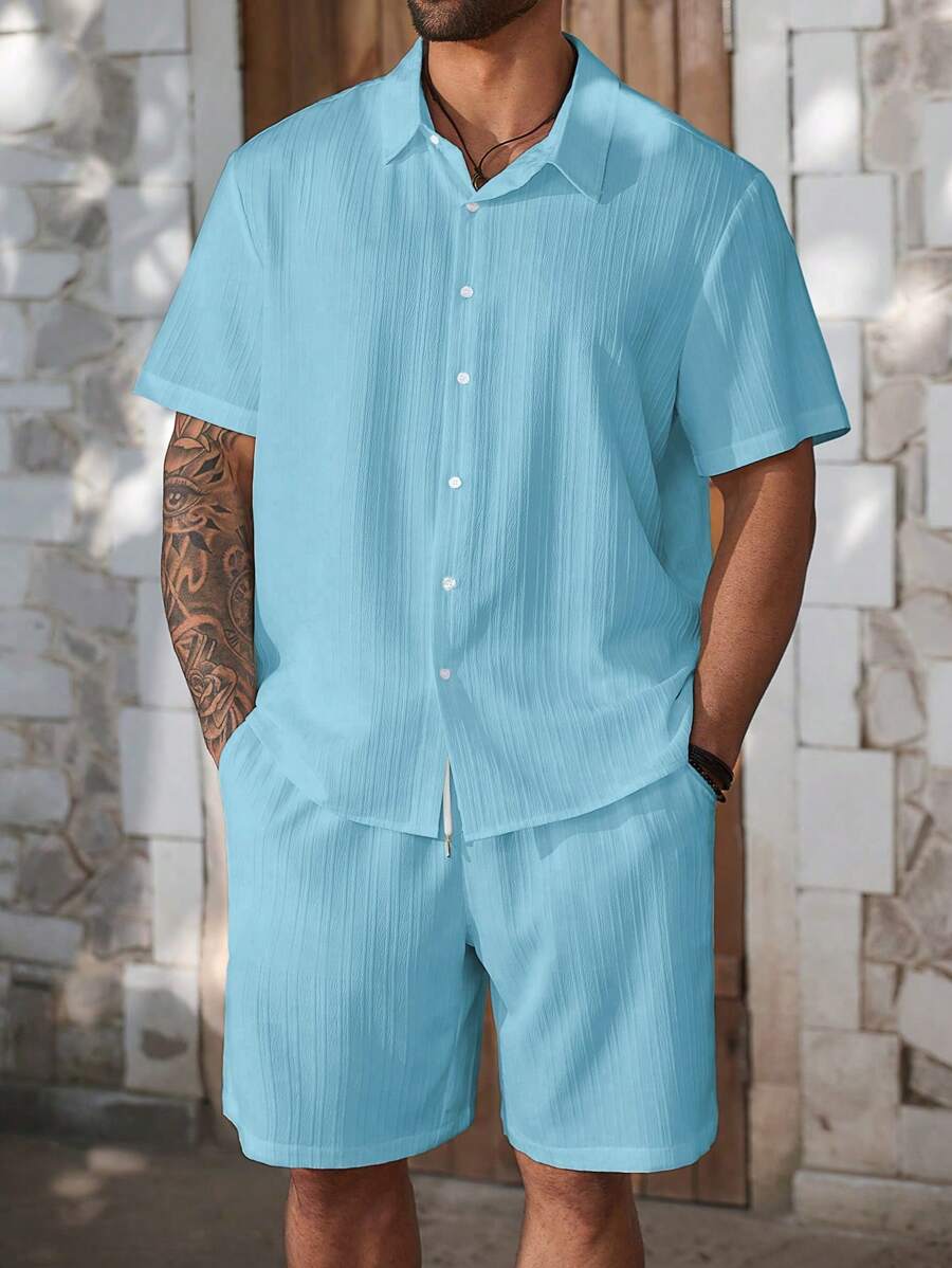ResortEase Plus Size Men Short Sleeve Solid Shirt & Shorts Set, Cozy Outfits - Baby Blue - View 1