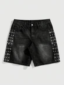 ROMWE MEN Street Life Pantalones cortos vaqueros holgados de hombre con apliques de rhinestones