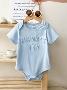 Baby Boy Infant Newborn 0-3 Years Old Casual Daily In/Outdoor Graphic "MAMA'S BOY" Short Sleeve Knitted Bodysuit, Cotton Material - Blue - View 1