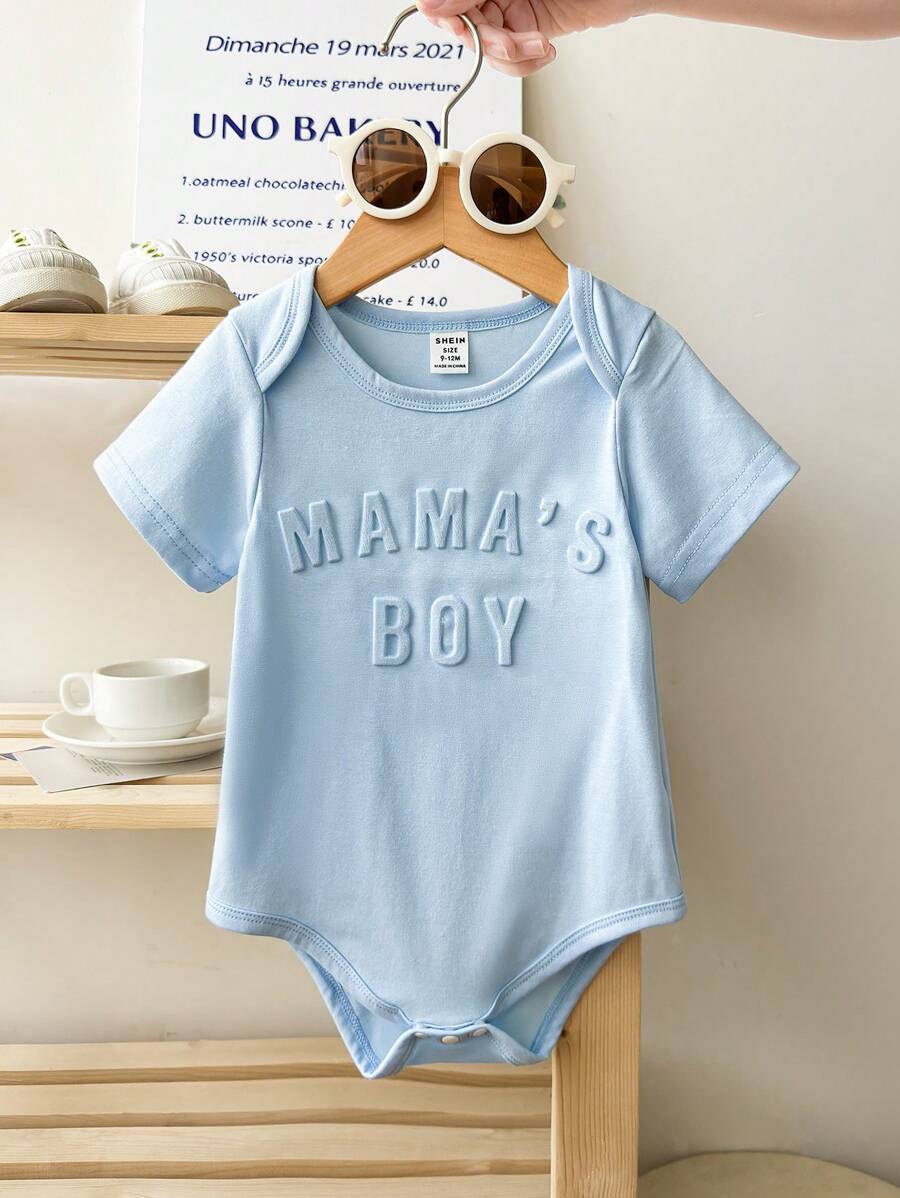 Baby Boy Infant Newborn 0-3 Years Old Casual Daily In/Outdoor Graphic "MAMA'S BOY" Short Sleeve Knitted Bodysuit, Cotton Material - Blue - View 1