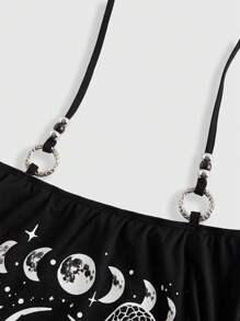 ROMWE Goth 哥特式深色夏日海滩，女式露肩喇叭袖蛇皮、月亮和星星印花串珠 T 恤