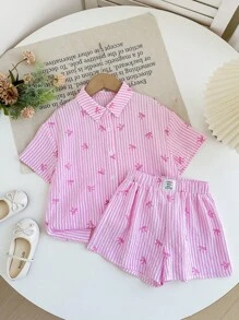 Bộ 2 áo sơ mi kẻ sọc dệt trang trí nơ + quần short rộng rãi, thích hợp cho các buổi đi chơi, tiệc tùng, mua sắm cho các bé gái - Hồng - Xem 4