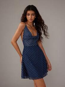 TRNVIE Romantic Asymmetrical Camisole Backless Polka Dot Mesh Mini Dress, Suitable For Spring/Summer Vacation - Navy Blue - View 3