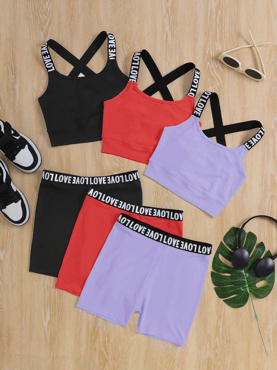 SHEIN Leap Crew 6件套少女针织纯色字母带运动服套装 - 玫紅色 - 查看 1