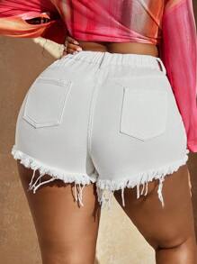 SHEIN SXY Plus Size Women's Pocket Distressed Frayed Denim Shorts, Casual And Fashionable - White - View 3