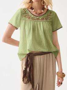 Florisole Áo sơ mi nữ mùa hè cổ tròn thêu tay ngắn phong cách Bohemian thường ngày màu be - màu xanh lá - Xem 4