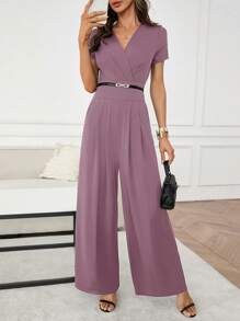 SHEIN Clasi Bộ đồ liền quần ống rộng màu trơn thanh lịch mùa hè cho nữ - Bụi tím - Xem 6