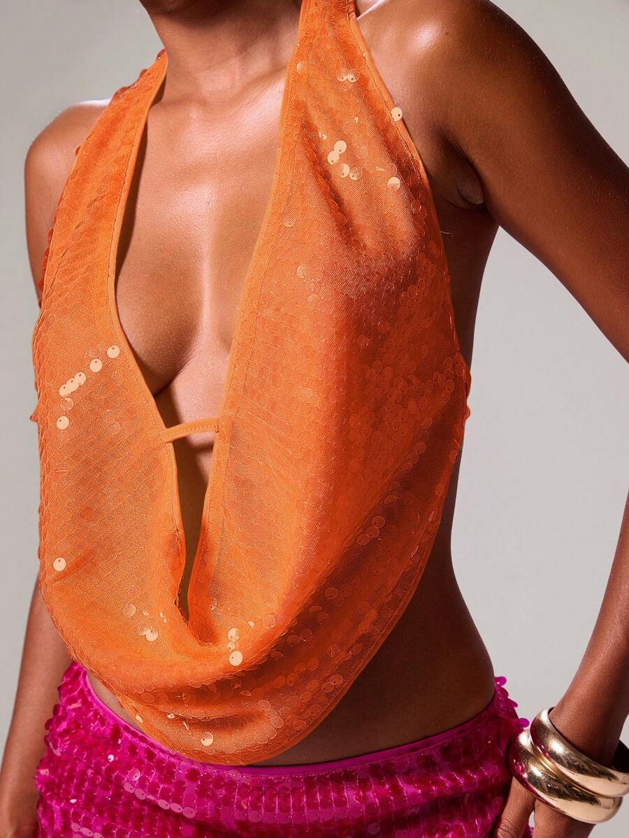MUSERA Áo không tay đính sequin, cổ yếm, xếp ly phía trước, lưng thấp, phong cách Ibiza, gợi cảm, thích hợp cho kỳ nghỉ, lễ hội, lãng mạn, thanh lịch, sinh nhật, tiệc tùng, dễ thương, phong cách cao bồi, lễ hội, boho, đi chơi đêm, câu lạc bộ, mùa xuân hè. - trái cam - Xem 1