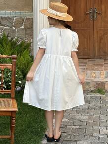 DAZY Tween Girls Round Neck Short Puff Sleeve Ruffled Casual Dress, Summer - White - View 5