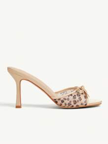 CUCCOO CHICEST 女式 8.8 厘米高跟豹纹网眼蝴蝶结装饰尖头穆勒凉鞋，时尚优雅 - 彩色 - 查看 4