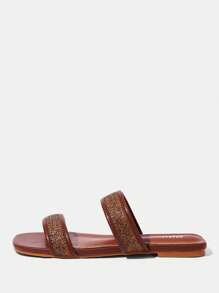 Styleloop Women's Beige Linen Flower Decor Square Toe Flat Sandals, Fashion Holiday Style - Brown - View 2