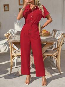 SHEIN Clasi 女式纯色短袖单排扣休闲连体裤 - 紅色 - 查看 5