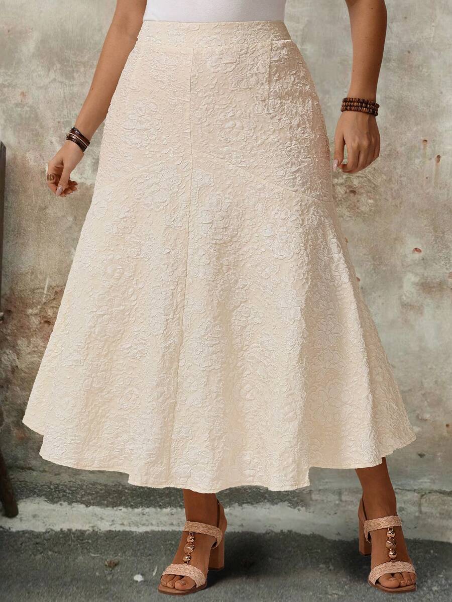 Breezaya Plus Size Women Solid Color Minimalist Jacquard Fabric Skirt - Apricot - View 1