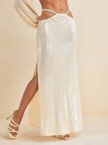 BY FELIZIA Saia Longa Elegante Sexy com Fenda Alta, Cintura com Contas Ocas e Lantejoulas Cor de Damasco, para Ocasiões Semi-Formais - Damasco - Visão 4