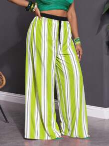 Slaydiva Pantalones largos de mujer de talla grande con estampado a rayas, ideales para festivales de música, fiestas y vacaciones - 2025 Nueva Moda