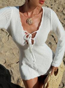 Swim Vcay 女式镂空长袖圆领短裤，钩针编织网眼休闲海滩度假罩衫 - 白色 - 查看 7